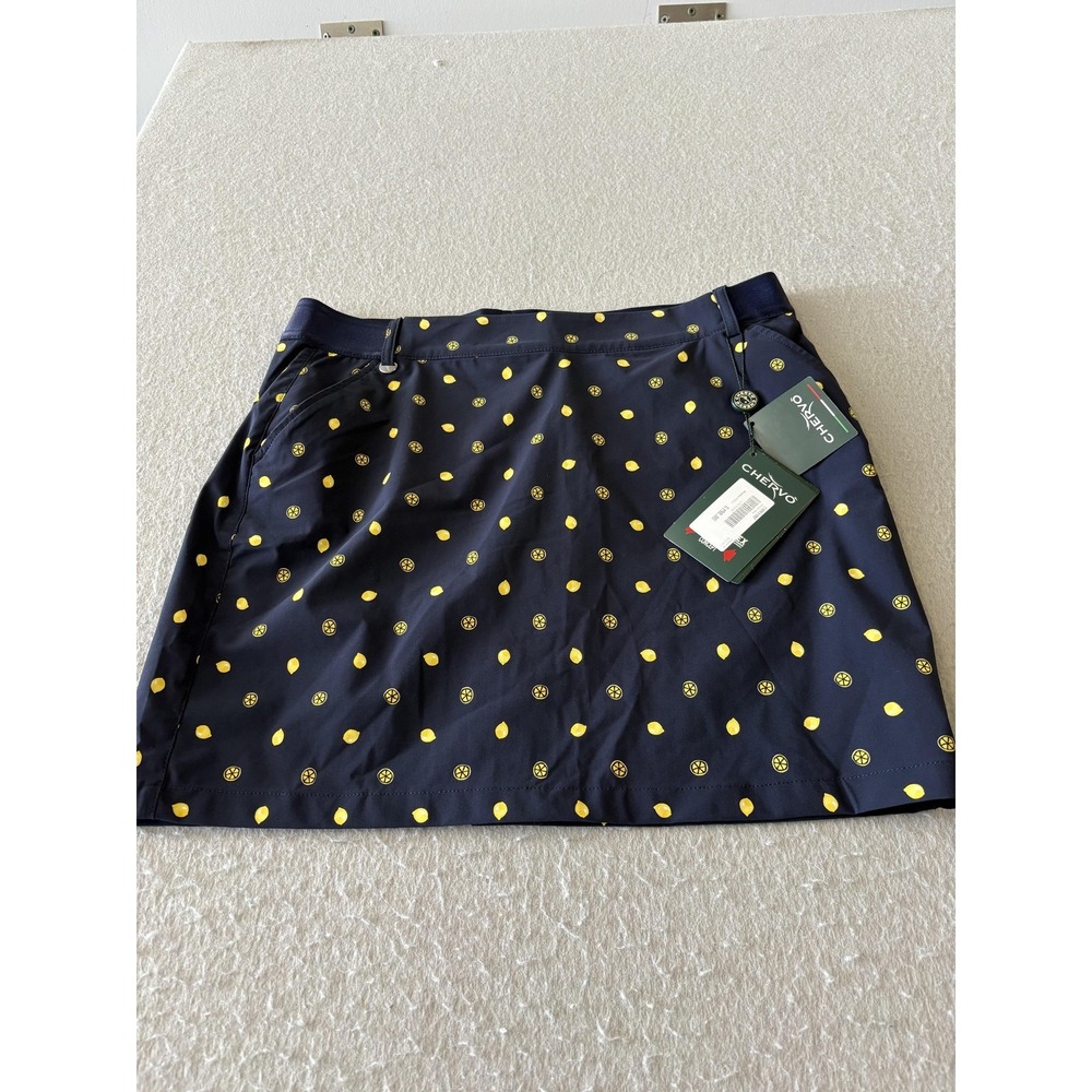 CHERVO Skort Womens 10 Blue Lemon Polka Dot‎ Golf Athletic Lined Pockets Pull On